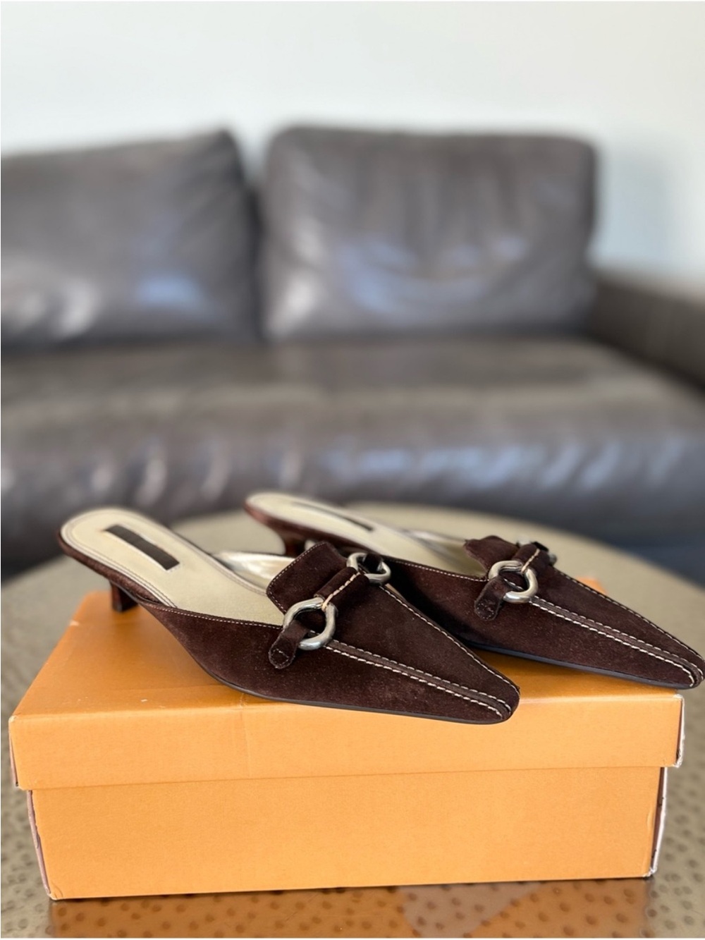 Brown Suede Women's Slip-On Kitten Heel Mules. 

New never worn .